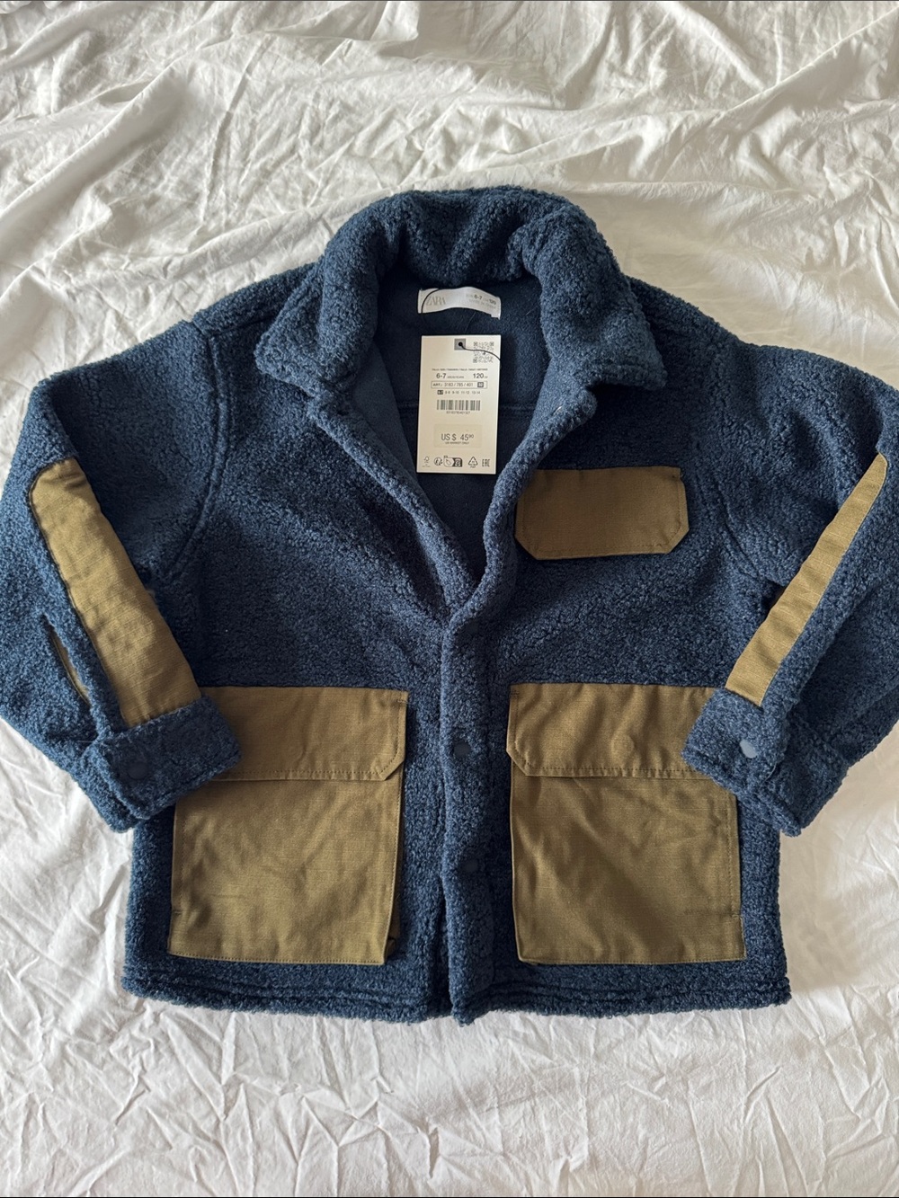 ZARA Kids Navy Sherpa Jacket with Contrast Tan Pockets NWT size 6-7